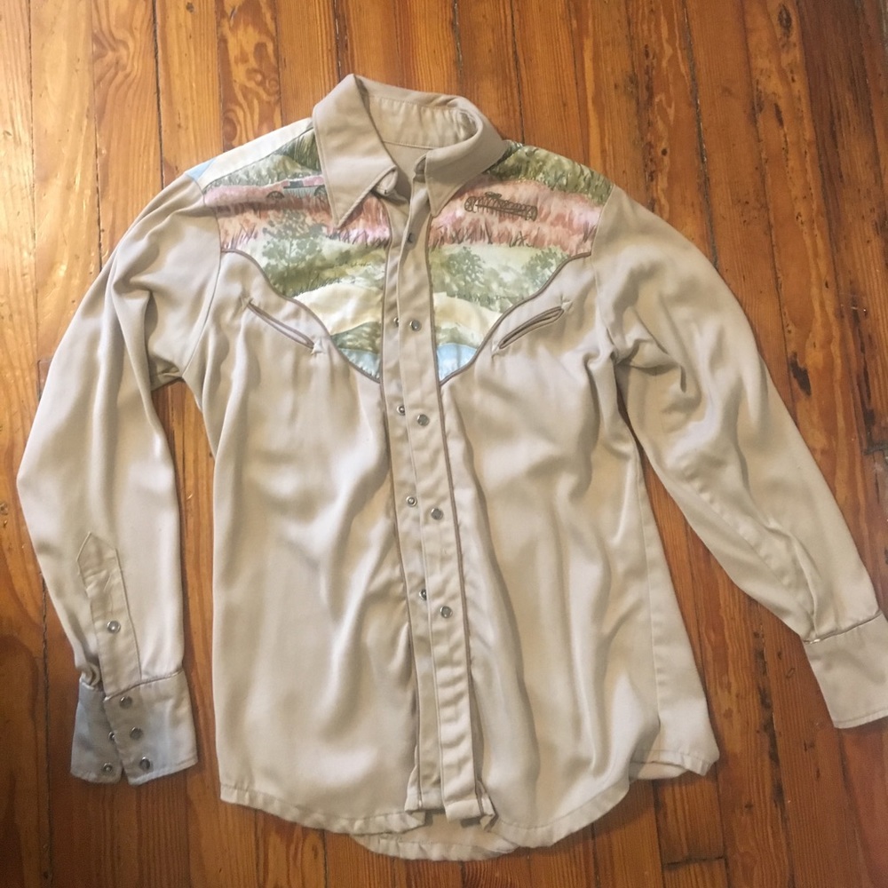 Men's vintage western shirt, handpainted landscape